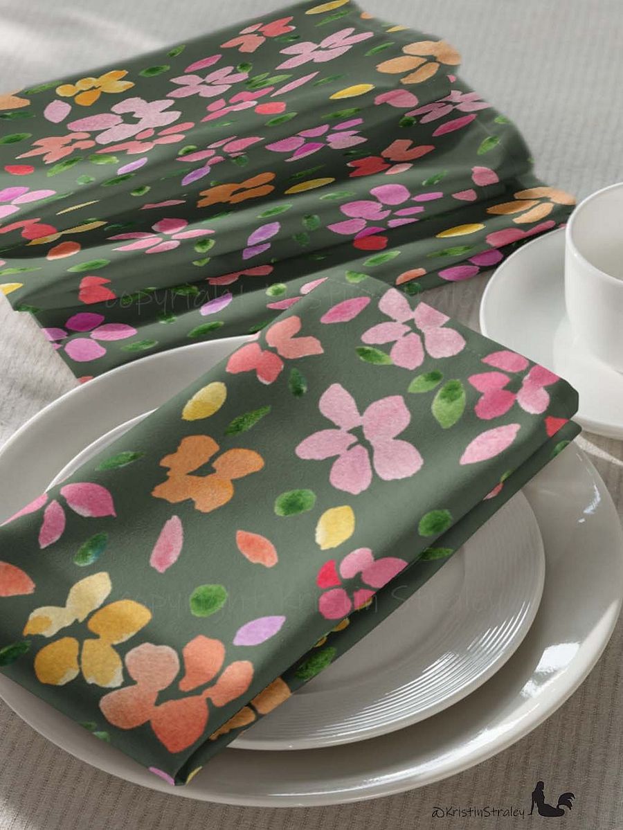 Spring Flowers on Olive Green Cloth Napkin Set of 4 product image (4)