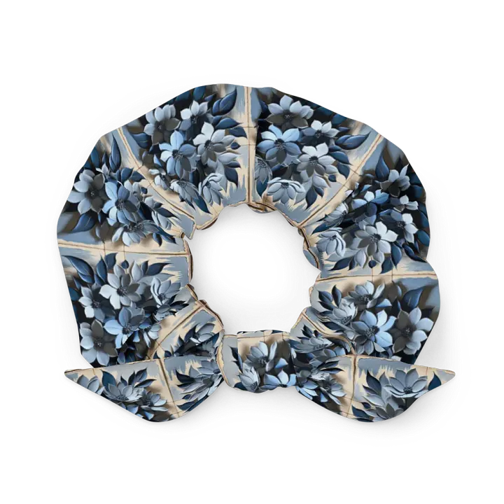 Hair Scrunchie - Painted Floral and Tile Pattern in Shades of Blue product image (2)