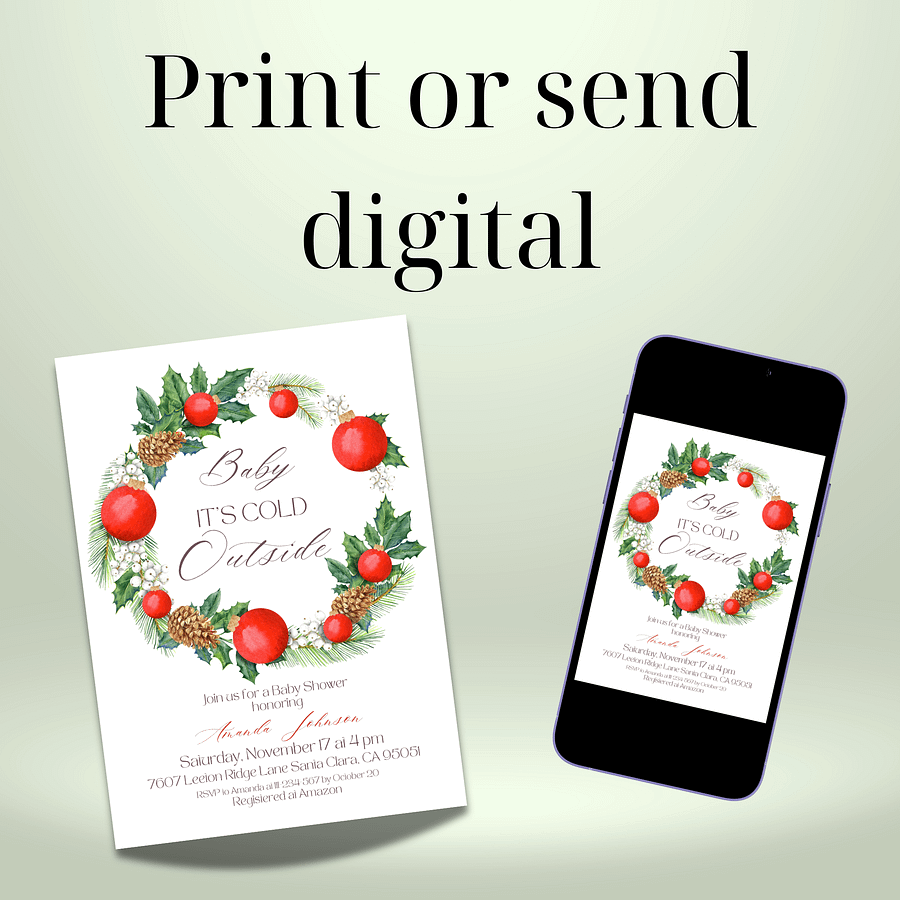 Winter Baby Shower Invitation for Baby It’s Cold Outside Themed Party, Digital Download Christmas Wreath Invite Template product image (6)