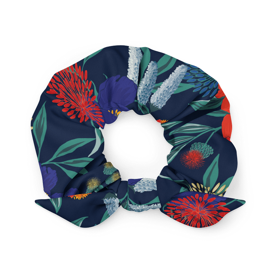 Tropical Bloom Scrunchie | Navy Blue Floral Hair Accessory | Adjustable Bow product image (1)
