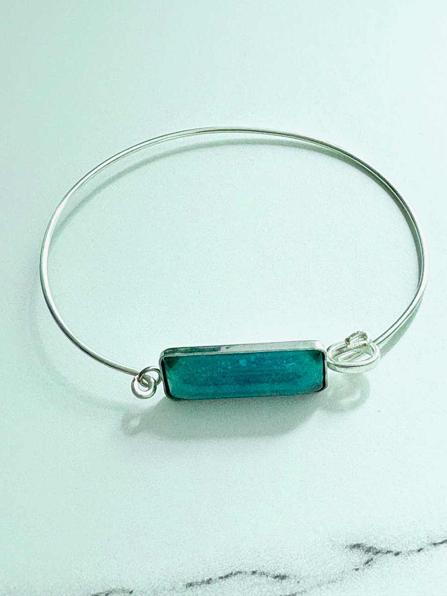 ⚡ Electric Tide Bangle | 7" Silver-Plated Wire Bracelet with Blue Green Rectangle Charm | Handmade Coastal Charm Jewelry by Monique Faella Designs™ | MFD-00172 product image (3)
