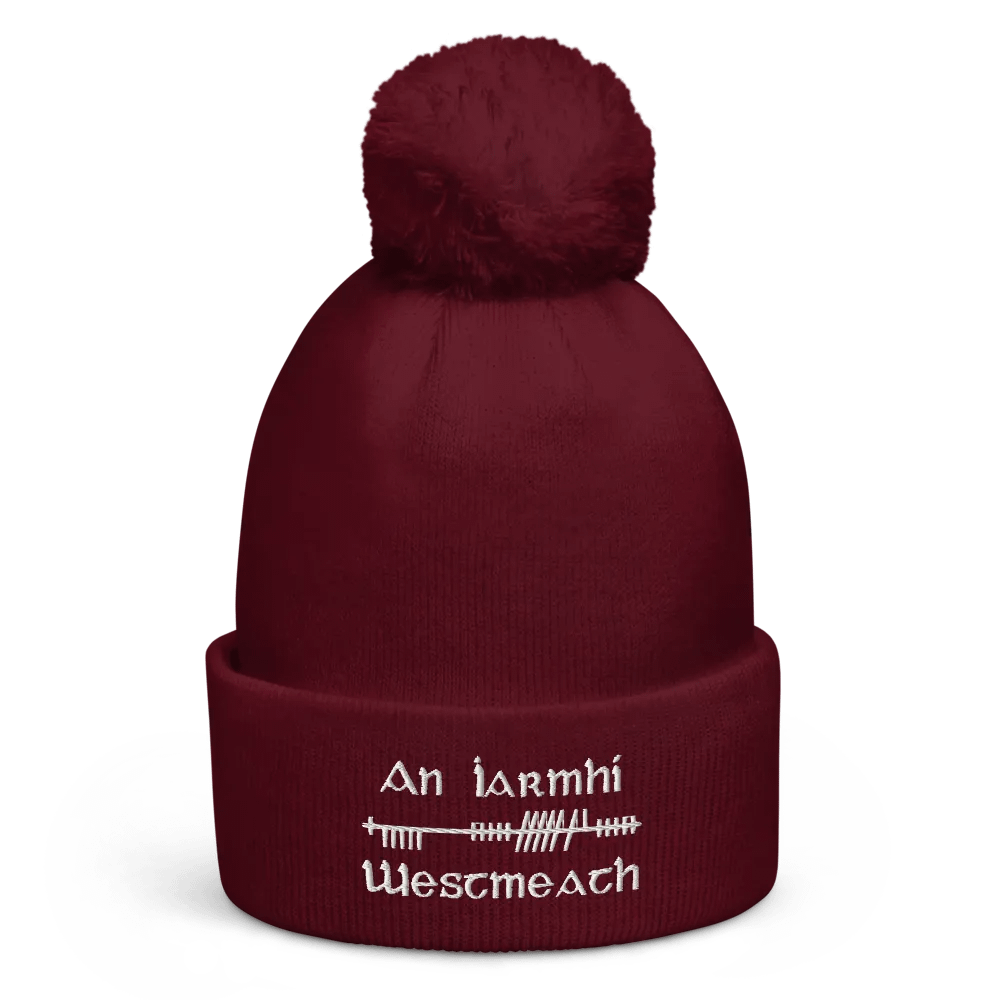Westmeath/An Iarmhí Orthodox style Ogham, maroon with white, embroidered Pom-Pom Beanie product image (1)
