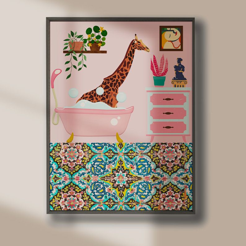 Bathing Giraffe Pink Bathroom Wall Art Print product image (3)