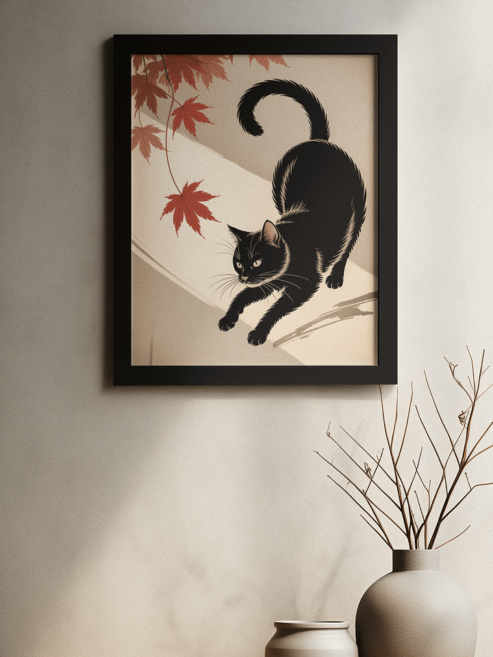 Stretching Black Cat in Autumn Framed Art Print | Japanese Ukiyo-e Style Wall Decor product image (2)
