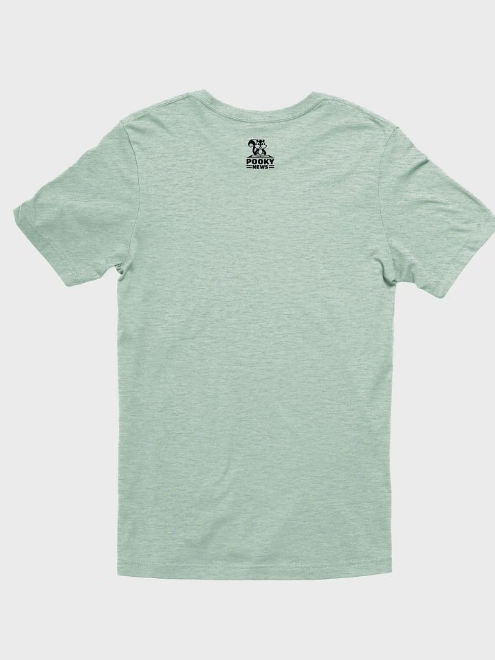 Super Soft and Flattering Tee: Stencil Pooky News, black, at a desk product image (2)