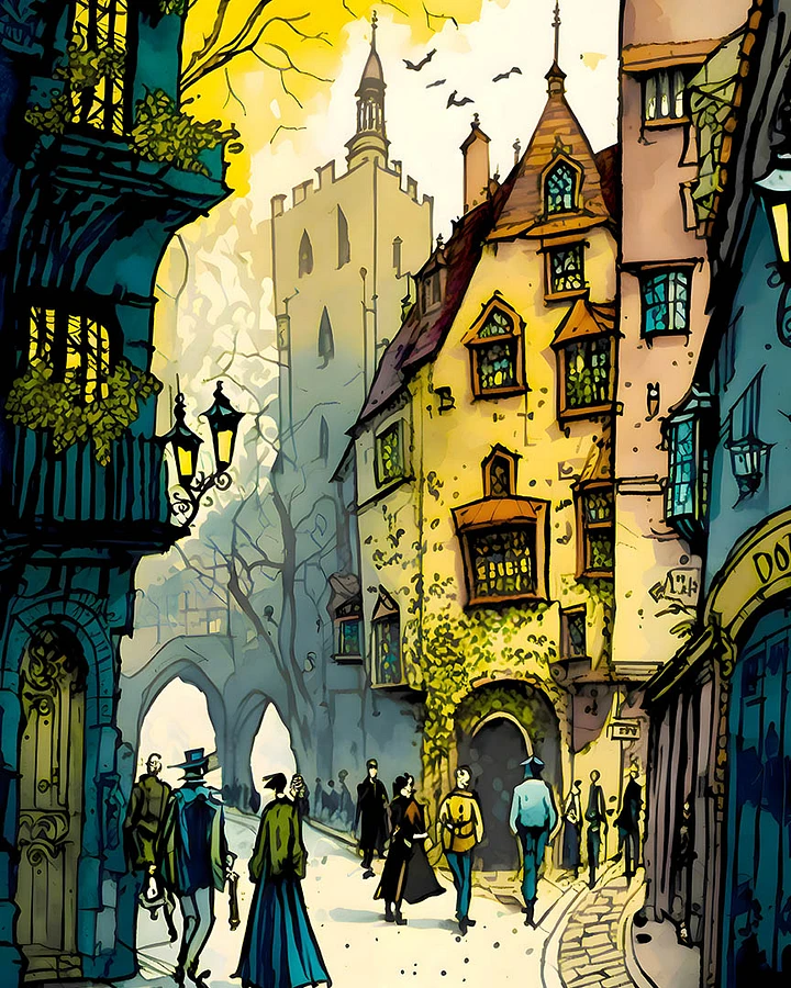 Medieval London Street Scene with Townsfolk Illustration Matte Poster product image (1)
