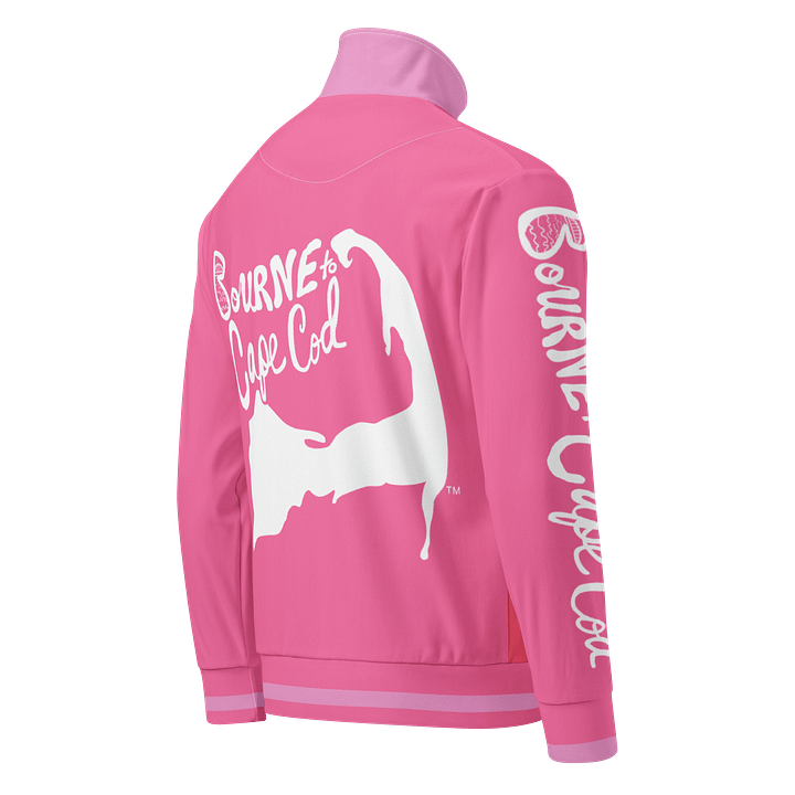 All-Over Print Recycled Track Jacket | Coastal Chill Meets Street Thrill | BOURNE to Cape Cod™ + BRN.2C.C.™ | White Logos on Pink Stripes product image (2)