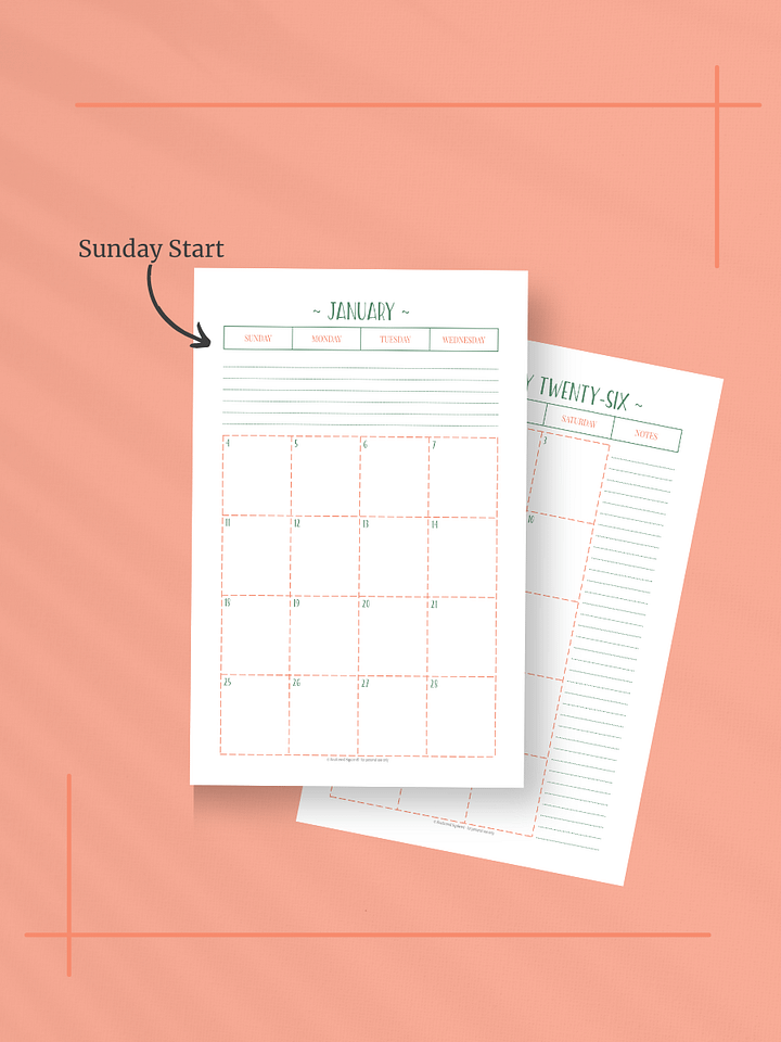 Peachy Green 2026 Calendar - 2 Pages per Month, Sunday Start, Half Letter Size product image (2)