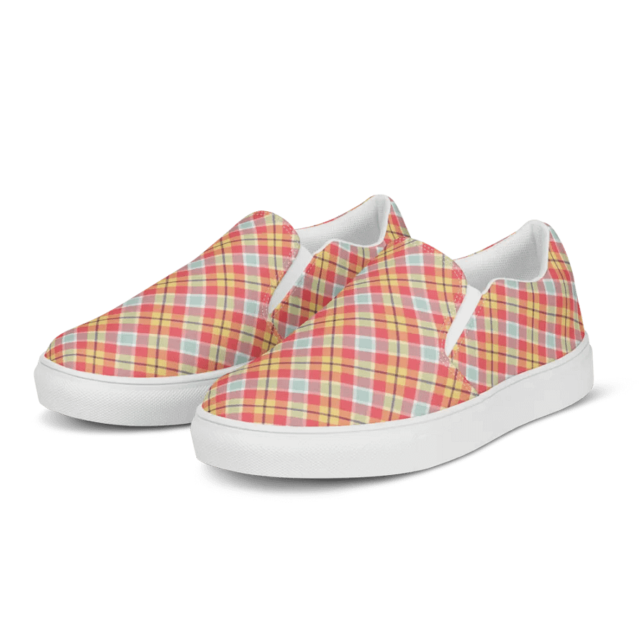 Coral Pink, Yellow, and Mint Green Plaid Women's Slip-On Shoes product image (3)