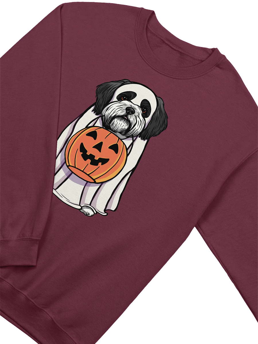 Funny Halloween Shih Tzu(Black & White) Sweatshirt | Funny Dog Wearing a Ghost Costume and Holding a Pumpkin Basket product image (9)