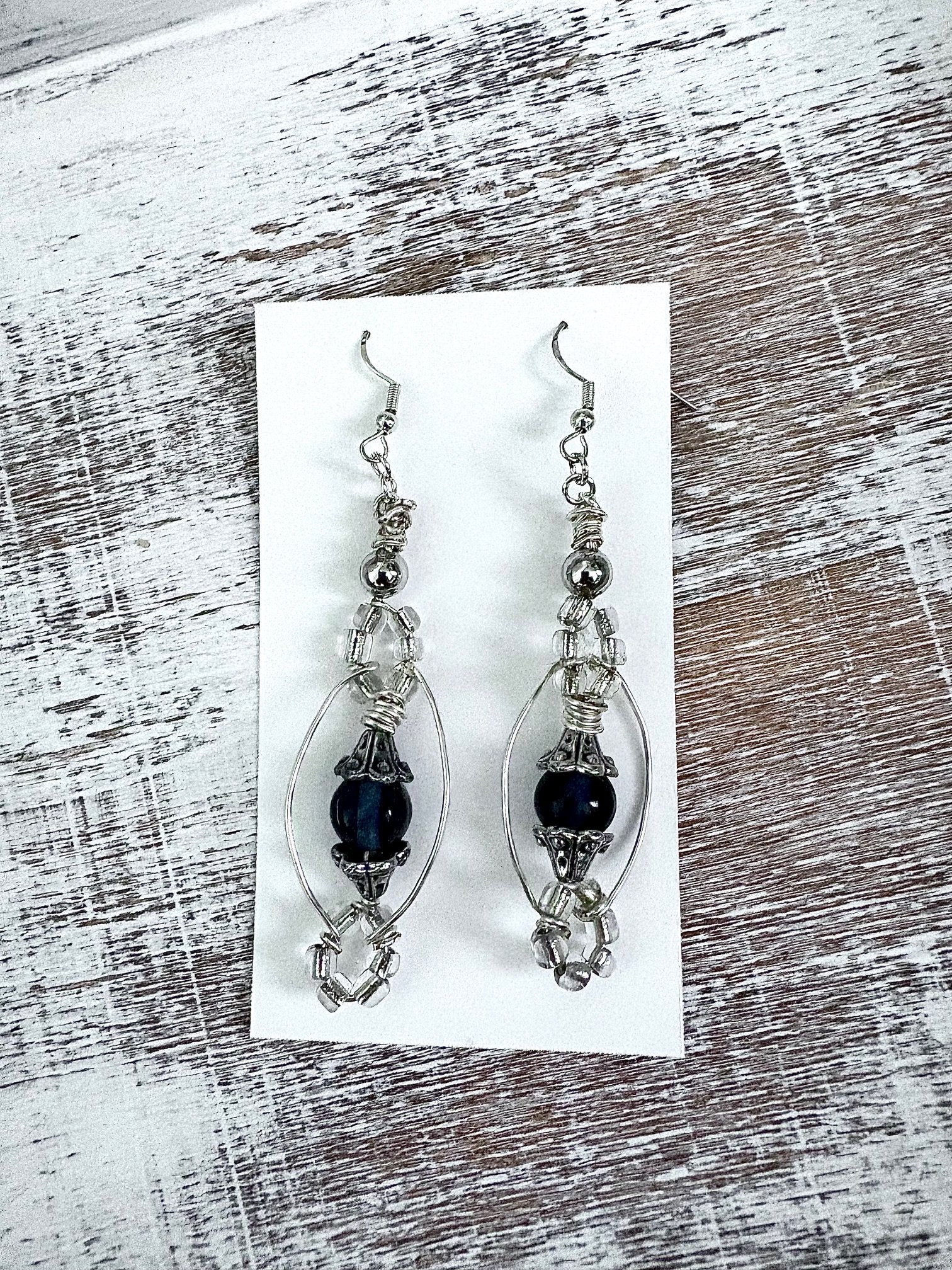 MFD-00126 | Handmade Ornate Silver-Tone & Dark Blue Bead Earrings | Monique Faella Designs™ product image (3)