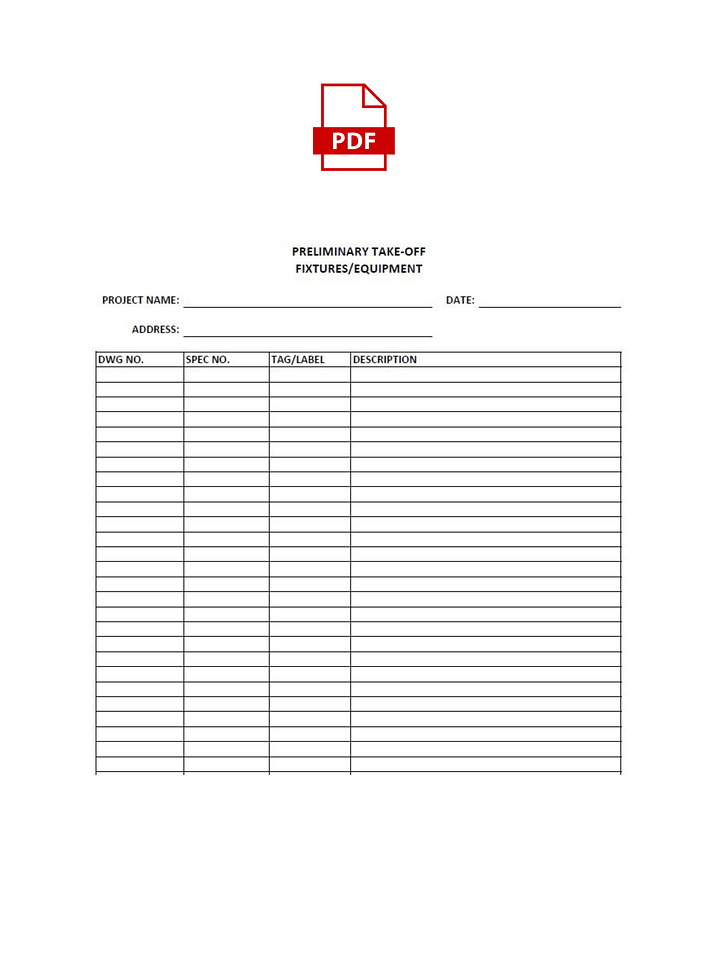 Preliminary Take-Off - Fixtures & Equipment - PDF Print product image (1)