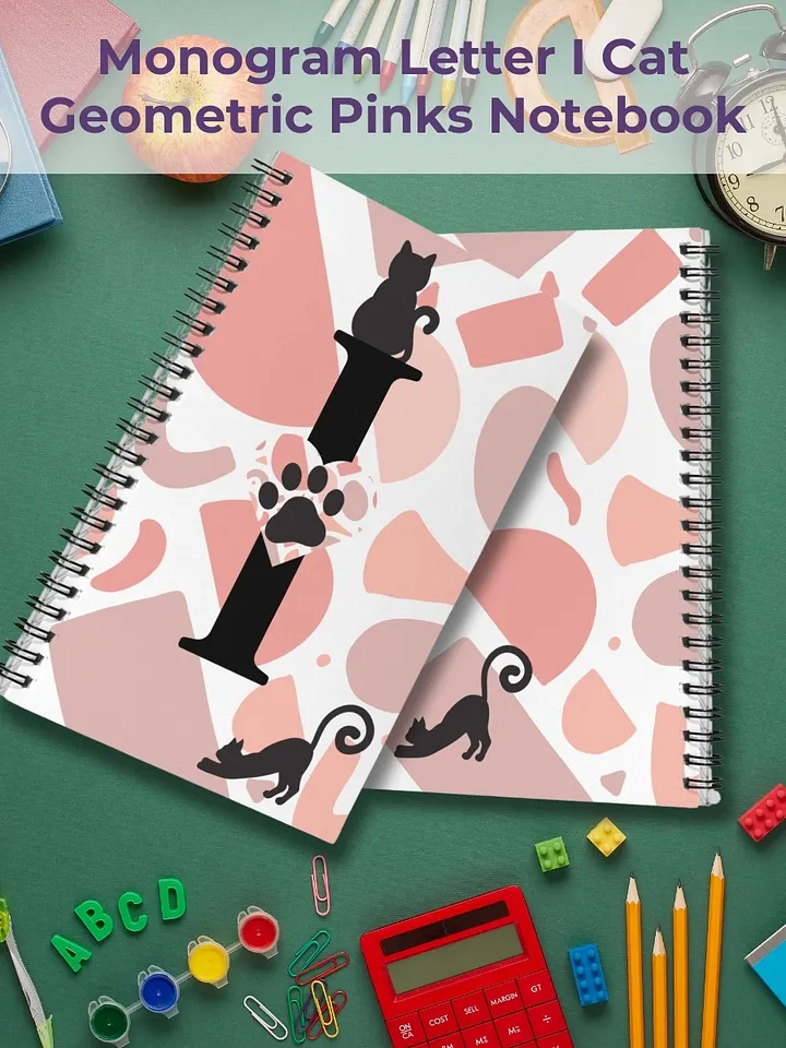 Monogram Letter I Cat Lover Geometric Pinks Notebook product image (1)