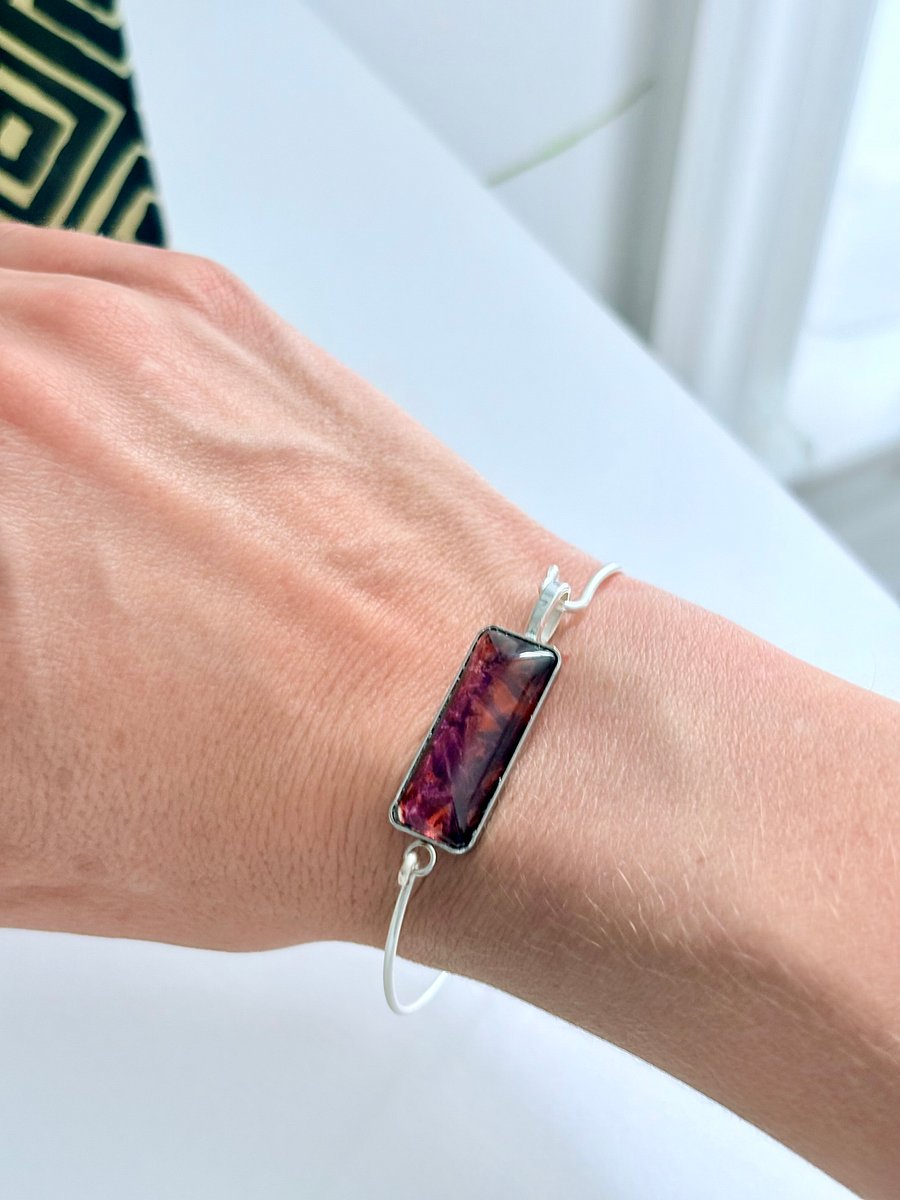 ⚡ Electric Tide Bangle | 7" Silver-Plated Wire Bracelet with Cranberry Bog Red Rectangle Charm | Handmade Coastal Charm Jewelry by Monique Faella Designs™ | MFD-00178 product image (3)
