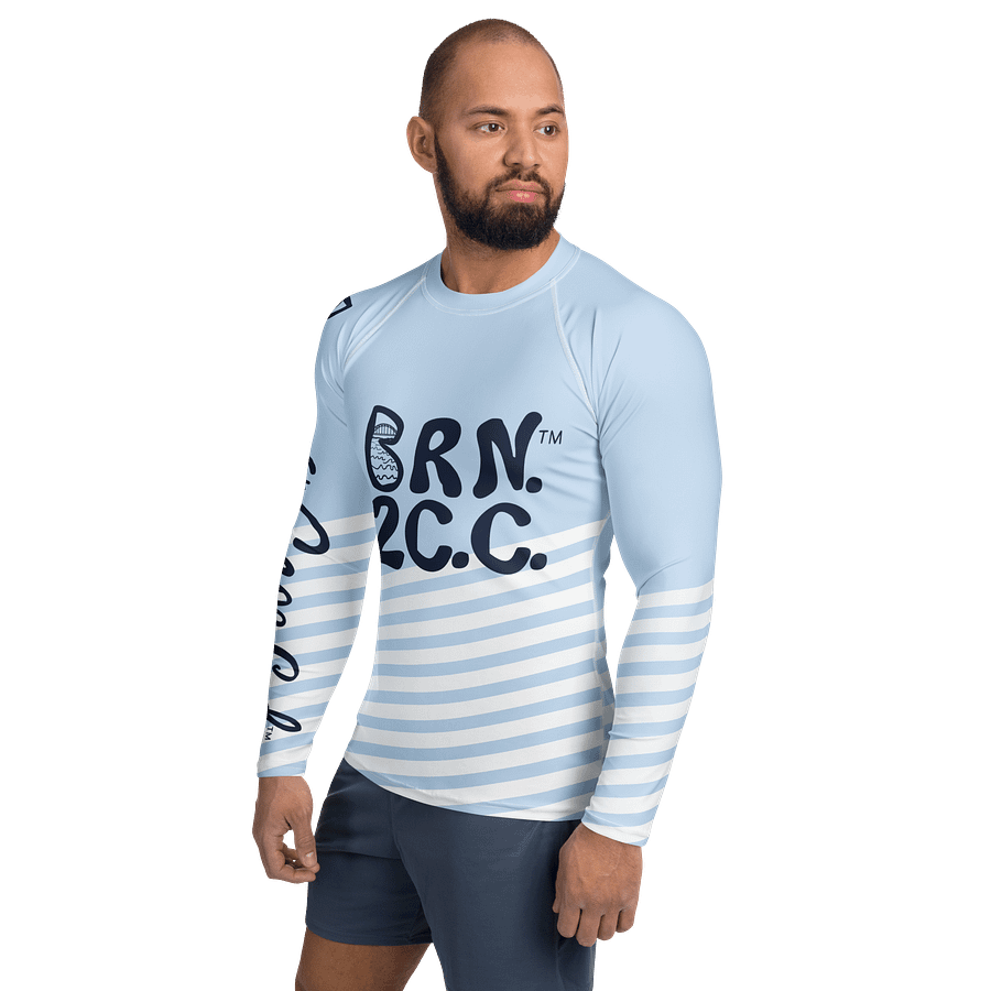 BRN.2C.C.™ /BOURNE to Cape Cod™ | Men’s Long Sleeve Rash Guard | UPF 50+ Active Coastal Shirt | Navy Blue Logos on Skyline Stirpes product image (5)