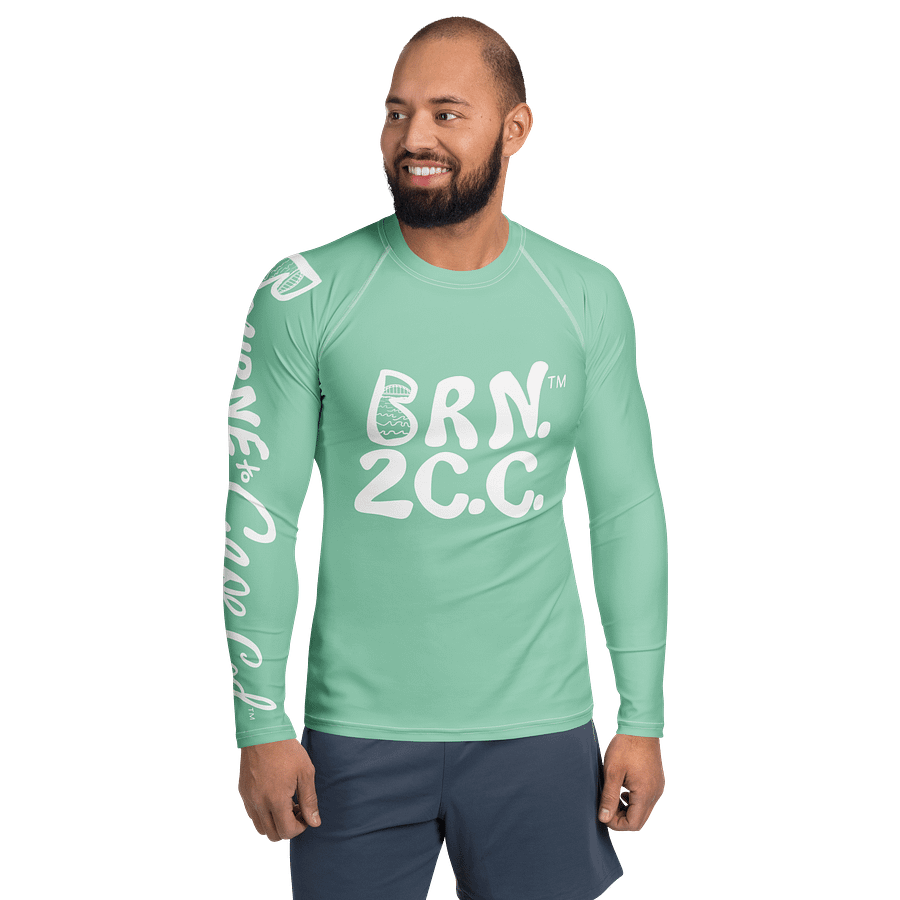 BRN.2C.C.™ /BOURNE to Cape Cod™ | Men’s Long Sleeve Rash Guard | UPF 50+ Active Coastal Shirt | White Logos on Vista Blue Green product image (1)