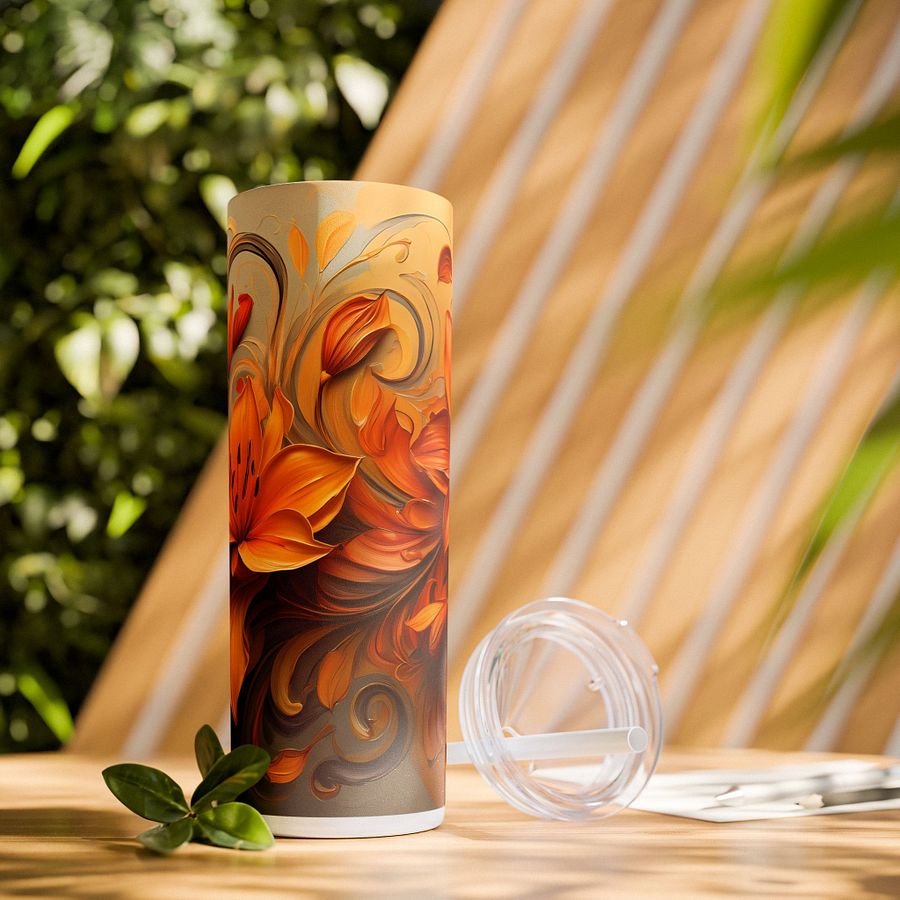 Golden Orange Floral Tumbler Wrap PNG for 20oz Skinny | 9.3x8.2 Fall Sublimation | Instant Download | Autumn Gift Idea product image (3)