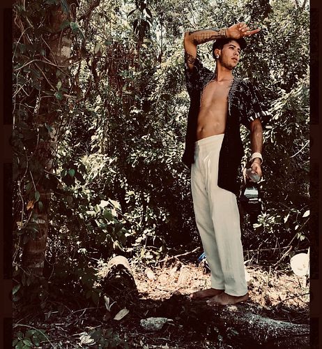 Stitch and Star Kimono in black manta Jibara worn with cream manta tailored trousers. 
Hand embroidered with grey cotton macr...