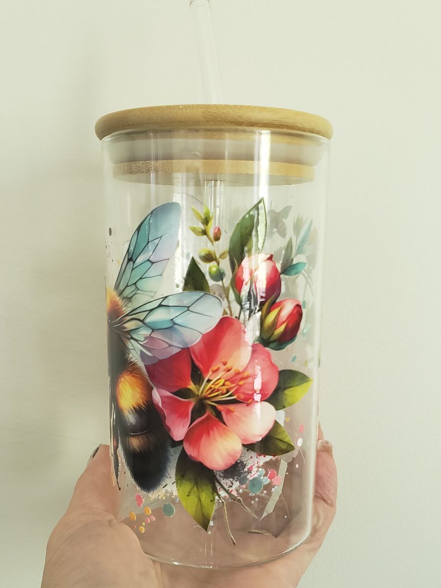 Vibrant Love Bees Tumbler: Eco-Friendly Glass Jar with Bee and Wildflower Artwork product image (3)