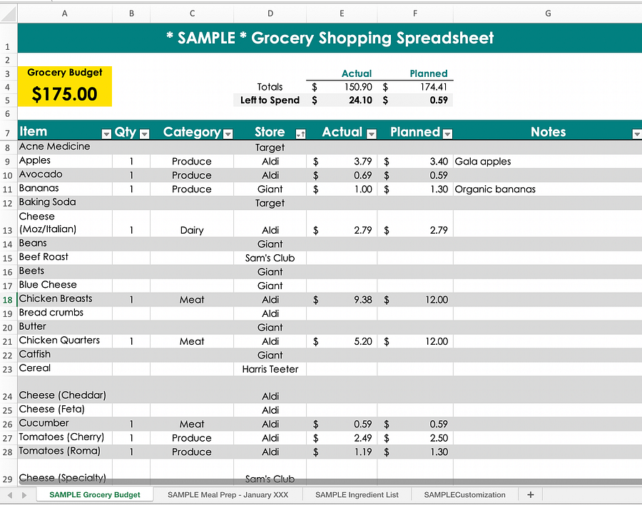 Grocery Budget & Shopping List Excel Spreadsheet Template product image (7)