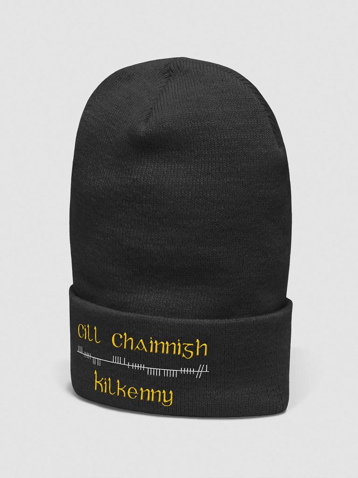 Kilkenny/Cill Chainnigh Orthodox style Ogham, black with white and amber, embroidered Cuffed Beanie product image (2)