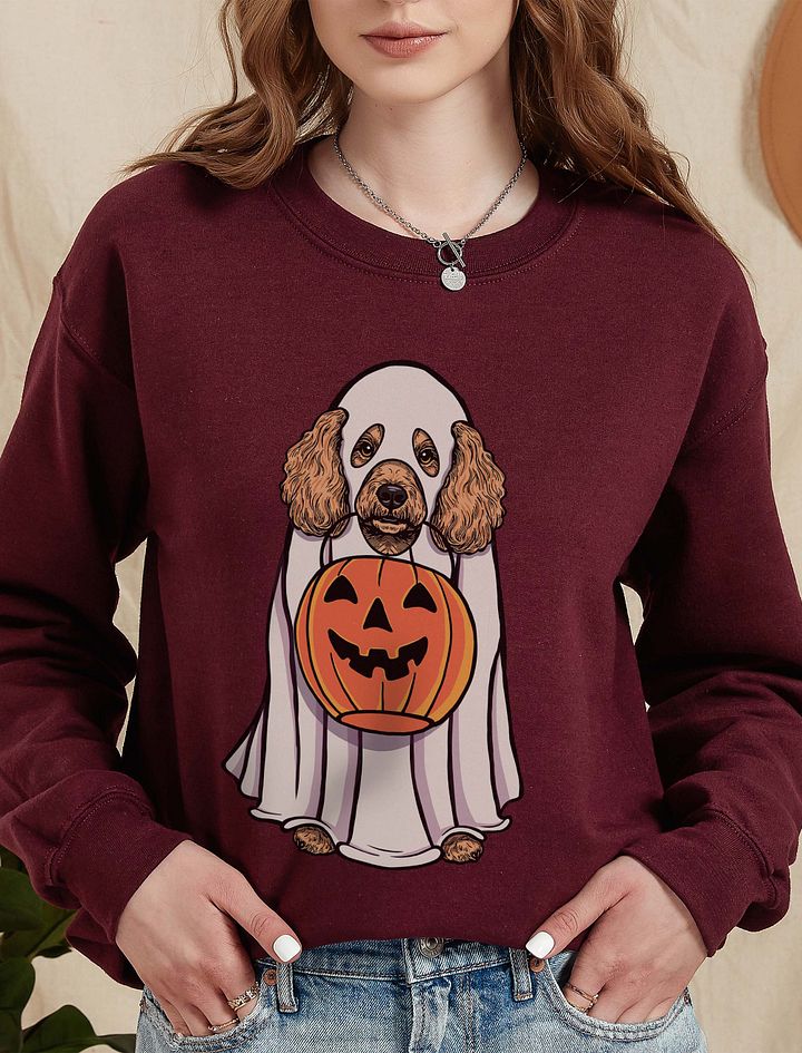 Funny Halloween Mini Poodle(Apricot) Sweatshirt | Funny Poodle Wearing a Ghost Costume and Holding a Pumpkin Basket product image (10)