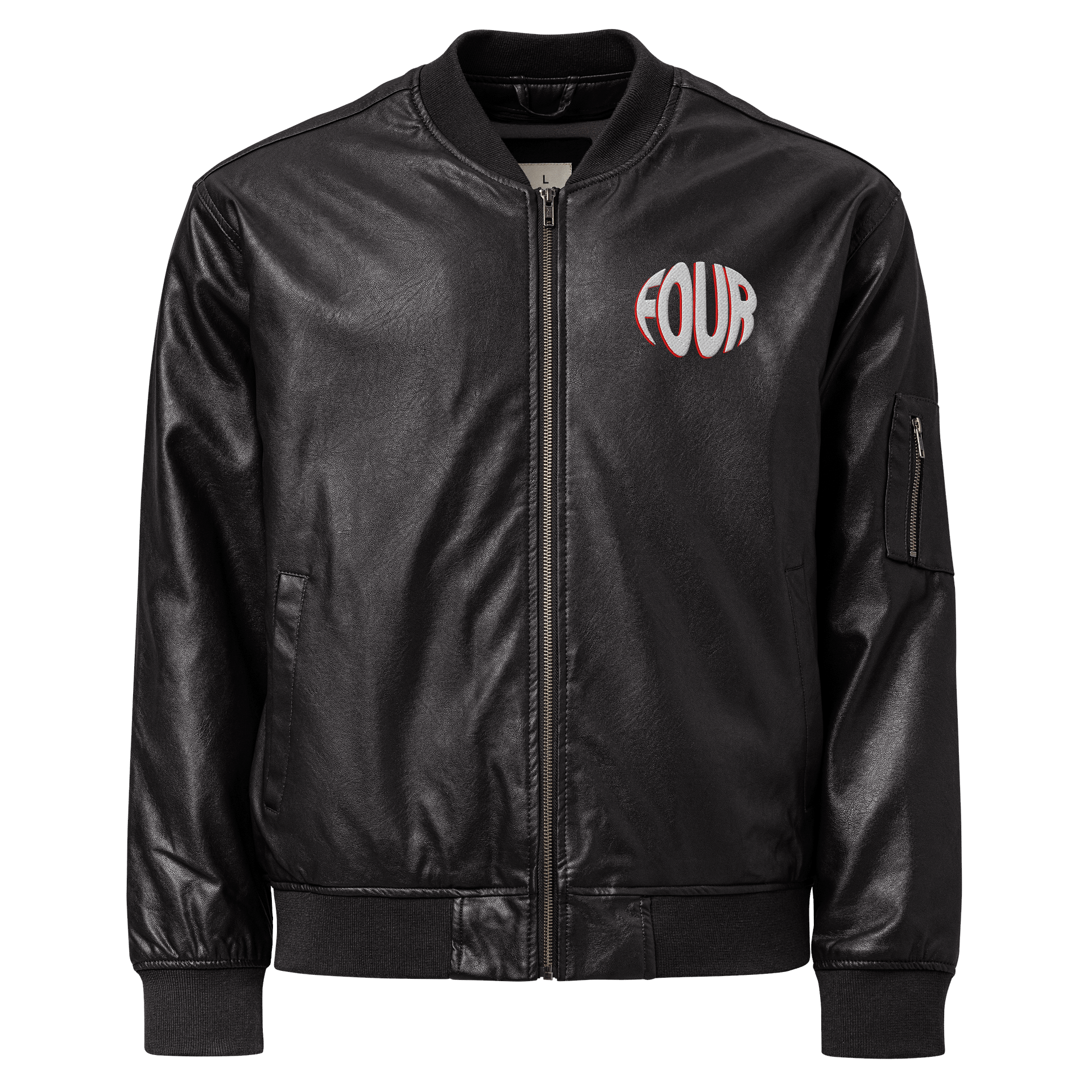FOUR Stylized White Lettering Faux Leather Bomber Jacket product image (1)