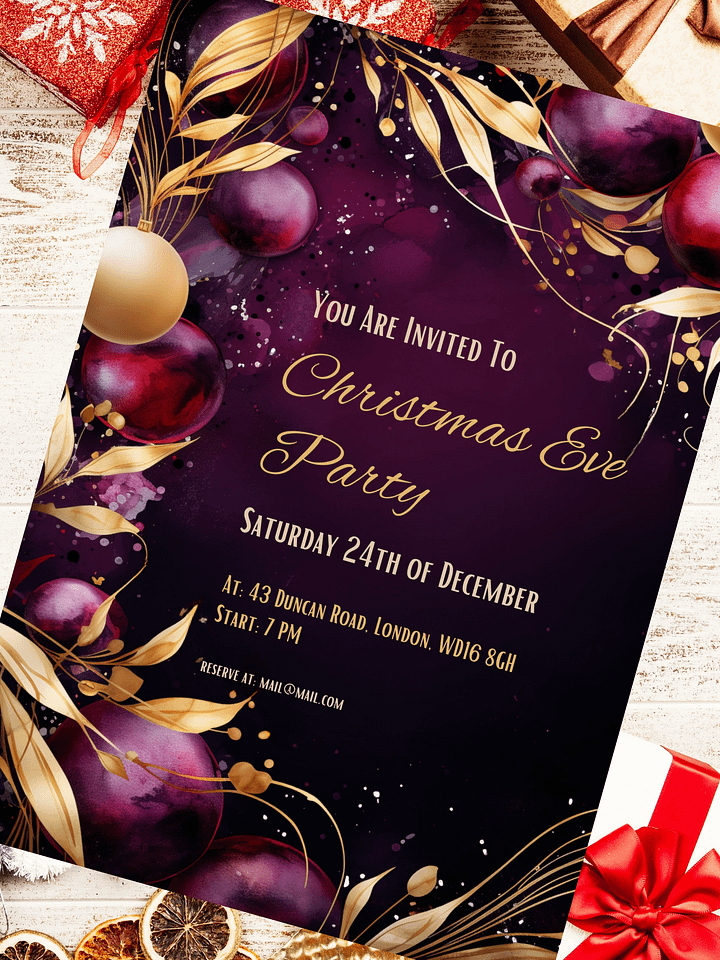 Luxury Purple and Gold Christmas Party Invitation | Editable in Canva | Christmas Party Printable | Holiday Invitation Template | Canva Edit product image (2)