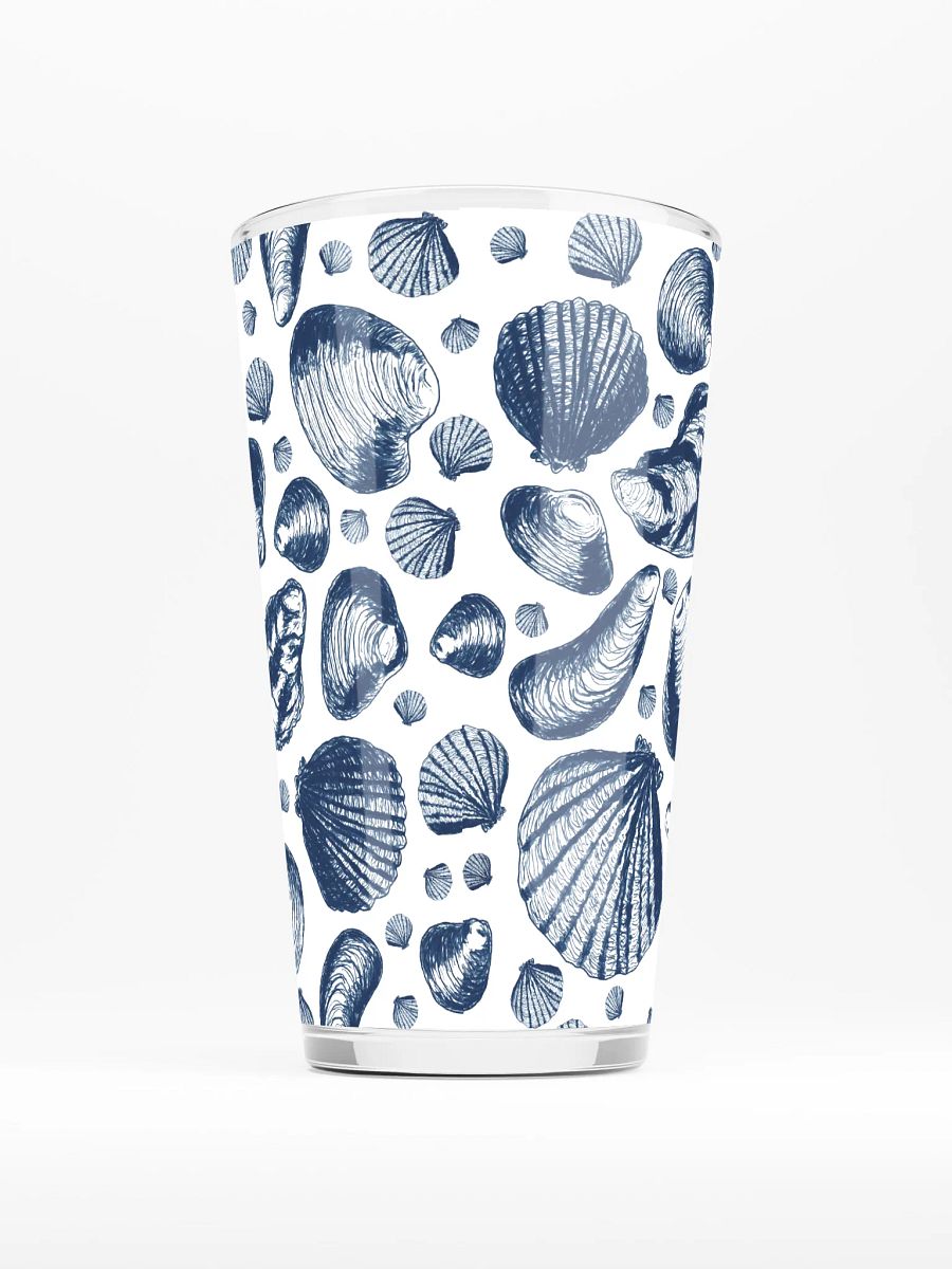 New England Tidal Treasures | | Dark Blue on White | Coastal Shell Repeat | Shaker Pint Glass by Monique Faella Designs™ Shell Yeah, It’s Sip Time 🐚🍺🌊 product image (2)