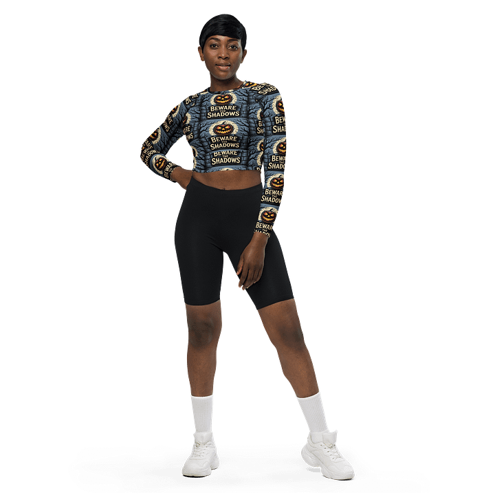 Midnight Veil Designs Gothic All-Over Print Long Sleeve Crop Top - Beware the Shadows Black product image (1)