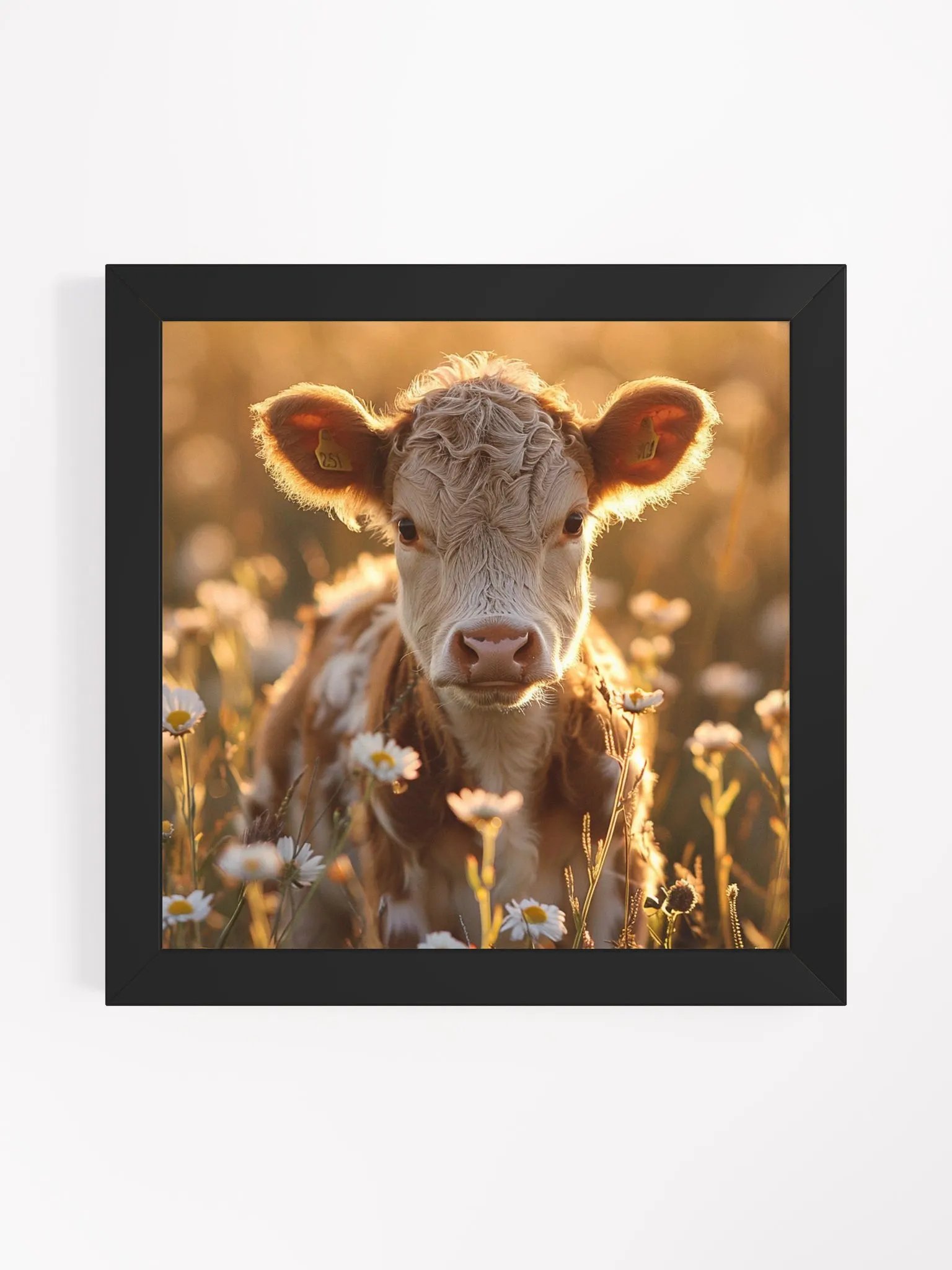 Cute Baby Cow In a Field of Daisies Framed Wall Art product image (1)