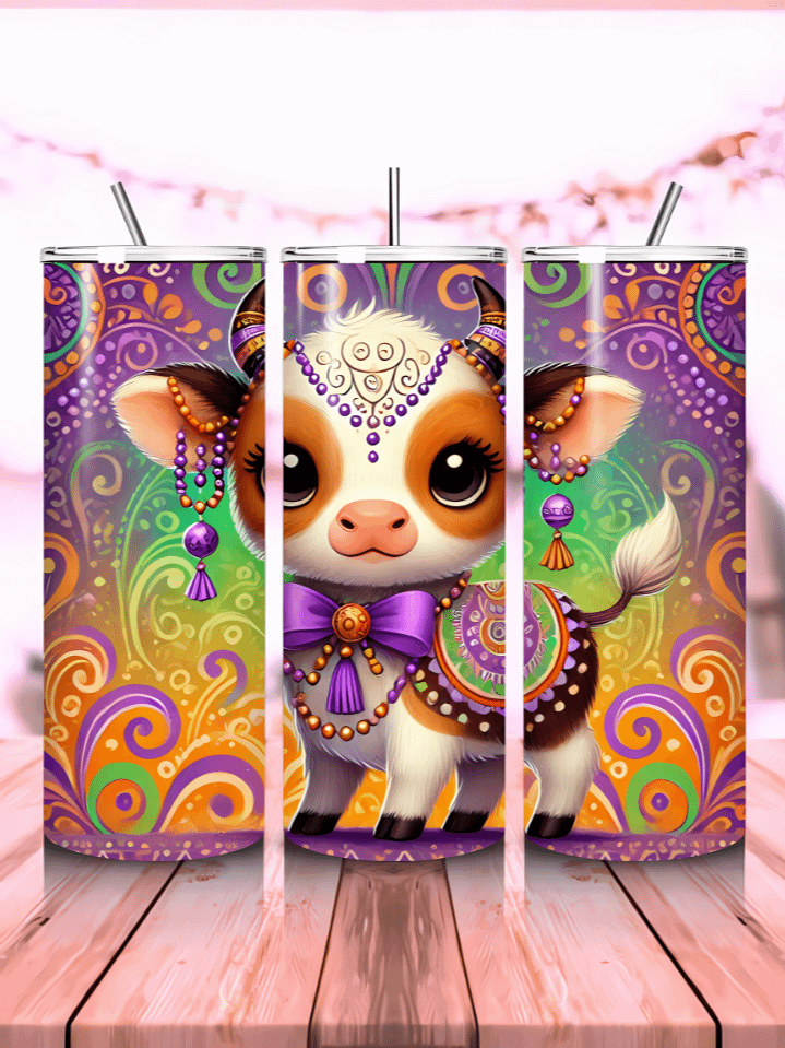 Mardi Gras Cow Tumbler Wrap – Seamless 20oz Skinny Sublimation PNG – Festive Cow in Carnival Colors – Instant Digital Download – High-Resolution 300 DPI product image (1)