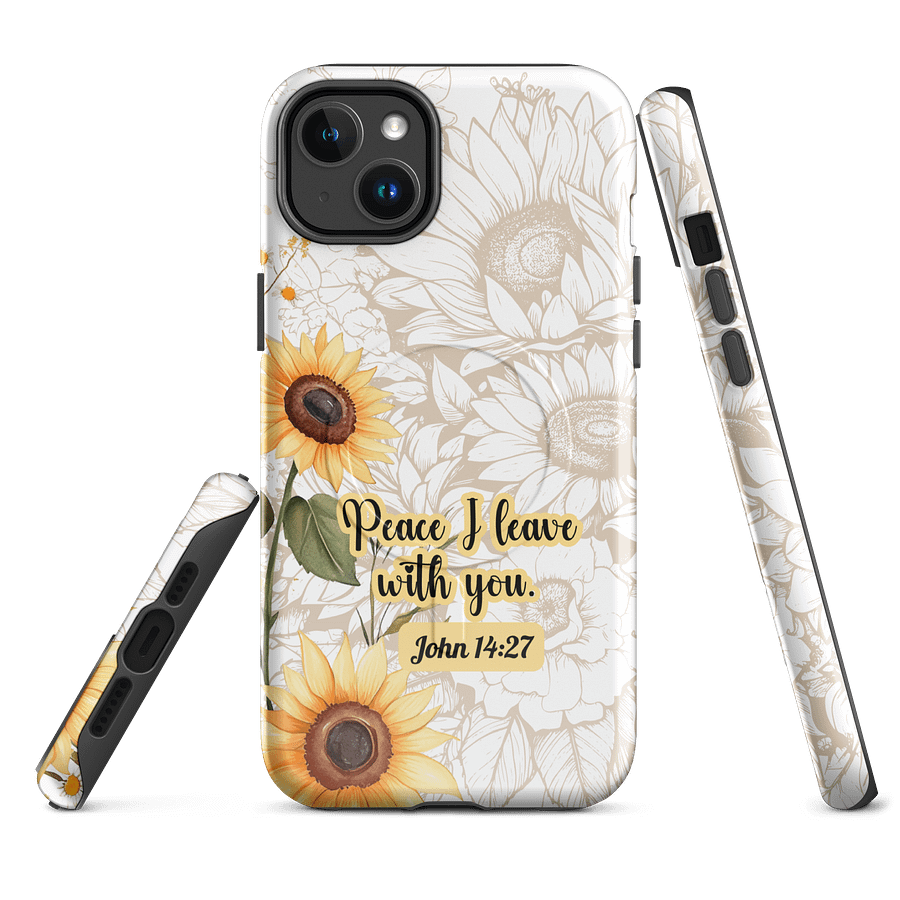 Peace I Leave with You John 14:27, Inspirational Gift, Tough iPhone Magnetic Case Scripture, Sunflower Bible Verse, MagSafe® iPhone® Tough Case, iPhone 14, iPhone 15, iPhone 16, Pro, Pro Max, Plus. product image (1)