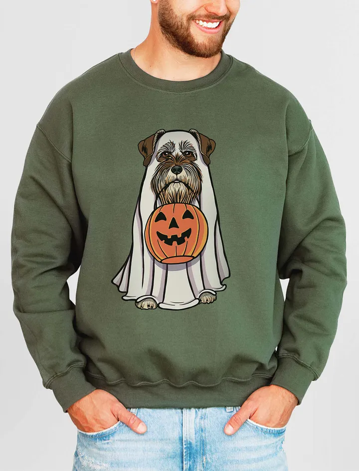 Funny Halloween Schnauzer(Liver) Sweatshirt | Funny Schnauzer Wearing a Ghost Costume and Holding a Pumpkin Basket product image (15)