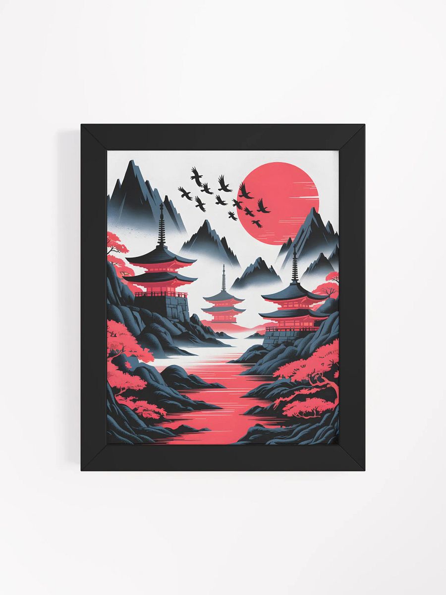 Japanese Pagodas and Red Sun Framed Print | Asian Landscape Wall Art product image (4)