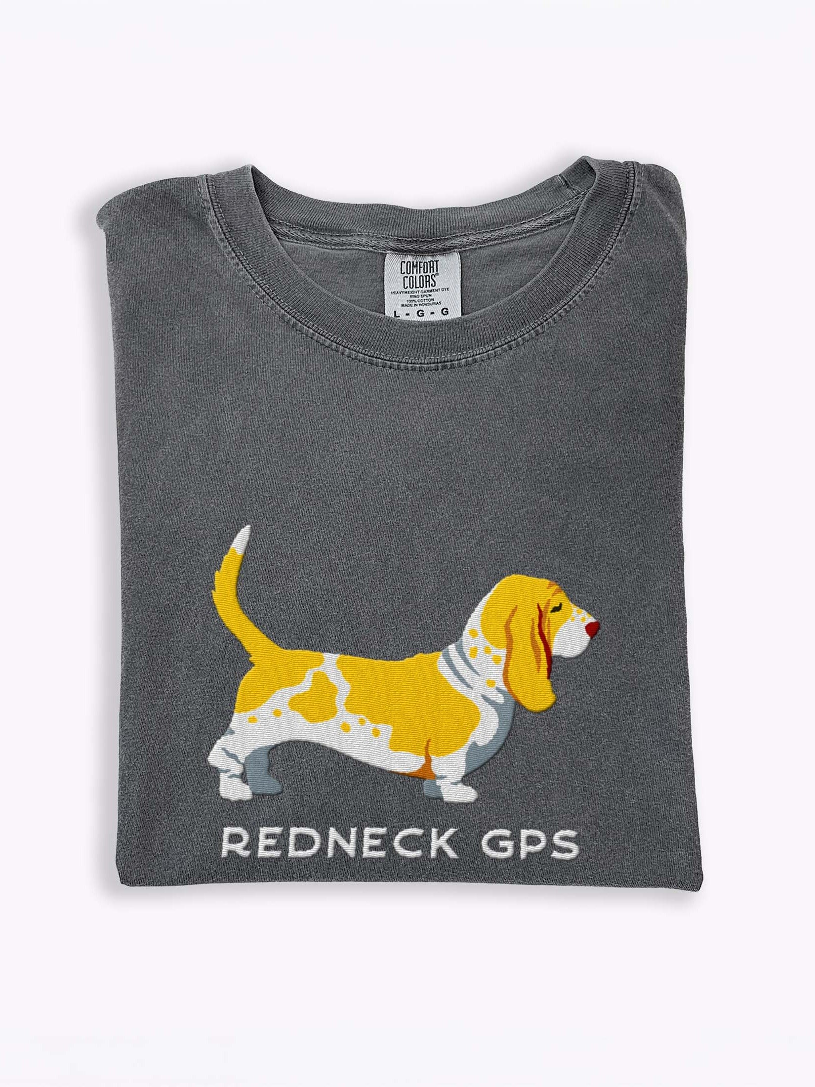 Redneck GPS T-Shirt(Embroidered) of a Basset Hound(Lemon & White) product image (2)