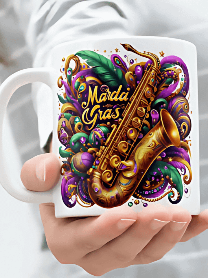 Happy Mardi Gras Mug Wrap – 11oz & 15oz Sublimation PNG Design – Festive Saxophone and Musical Theme with Vibrant Carnival Colors – Instant Digital Download – High-Resolution 300 DPI product image (1)