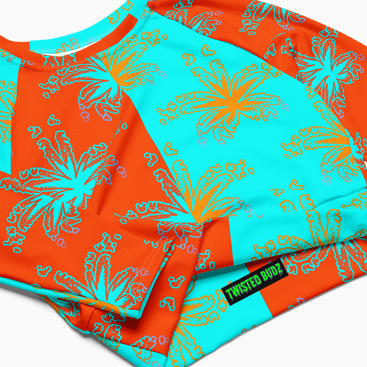 Cannabis Beach Recycled Long-Sleeve Crop Top, Summertime Stoner Twisted Circus Stripes Shirt, Orange Aqua Blue Weed Leaf Pattern Clothing product image (1)