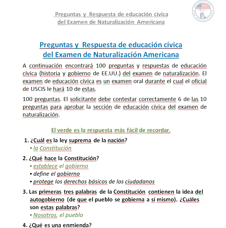 Preguntas y Respuesta de educación cívica del Examen de Naturalización Americana product image (2)
