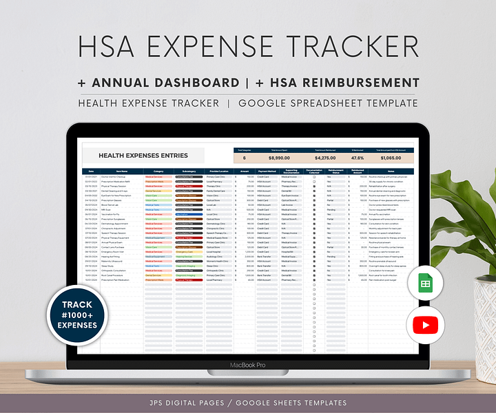 HSA Health Expenses Tracker & Annual Dashboard Spreadsheet product image (1)