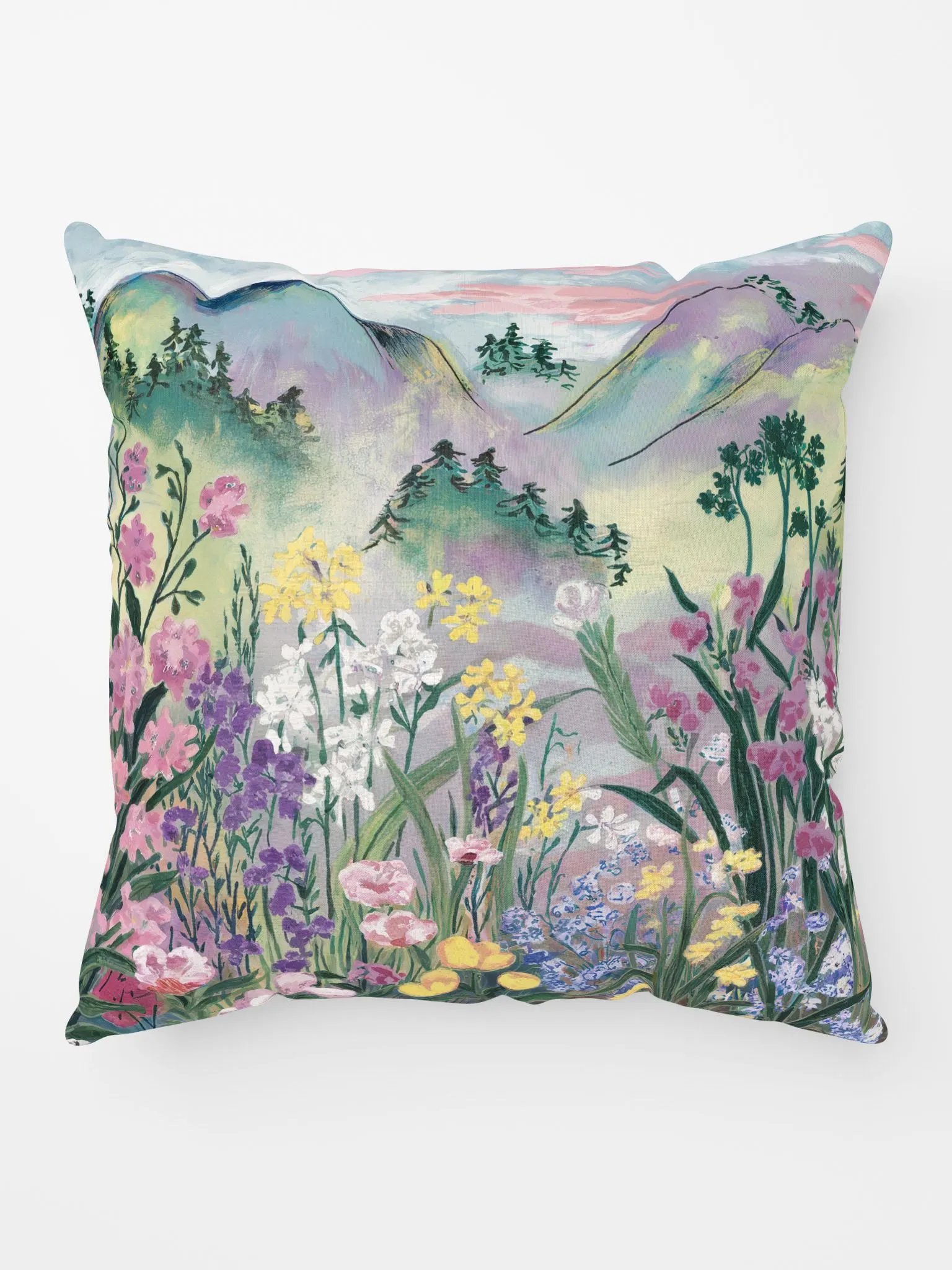 Watercolor Nature Scene Throw Pillow - Wildflowers & Mountain Landscape Accent Cushion for Living Room & Bedroom product image (1)