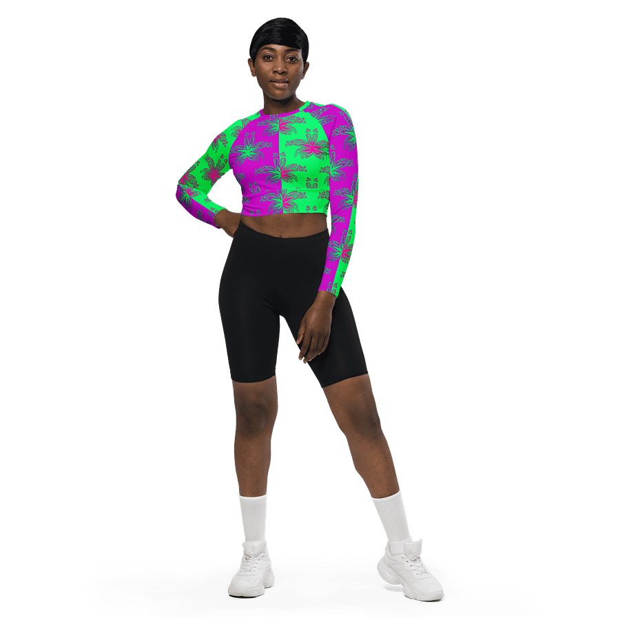 Pot Leaf Print Recycled Long-Sleeve Crop Top, 420 Stoner Circus Stripe Shirt, Cannabis Summertime Purple Mint Green Ganja Weed Beach Fashion product image (5)