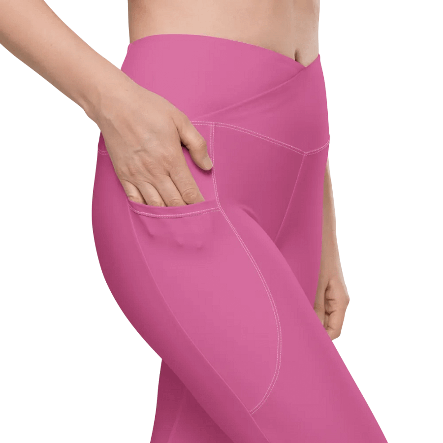Plain Medium Pink Light Summer Women's High Waisted Premium Crossover Leggings with Pockets by Treasure Pie product image (8)
