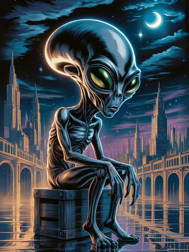 Lunar Visitor Poster – Reflective Alien Nightscape Wall Art product image (1)