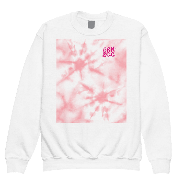 Girls' | Cape Cod Crew | DTG Vintage Print | BRN.2C.C.™ Youth Sweatshirt | BOURNE to Stand Out™ | Pink Logo on White | Pink Tie-Dye Graphic product image (1)