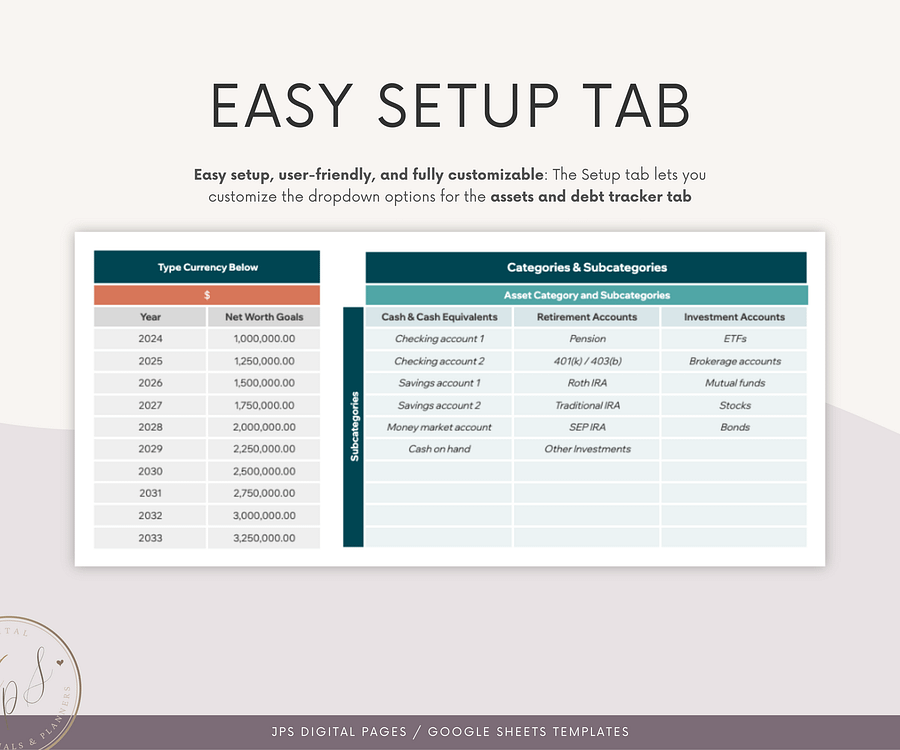 Net Worth Tracker Template, Multi-Year Dashboard Spreadsheet, Google Sheets Template, Net Worth Yearly Calculator, Investment Tracker product image (3)