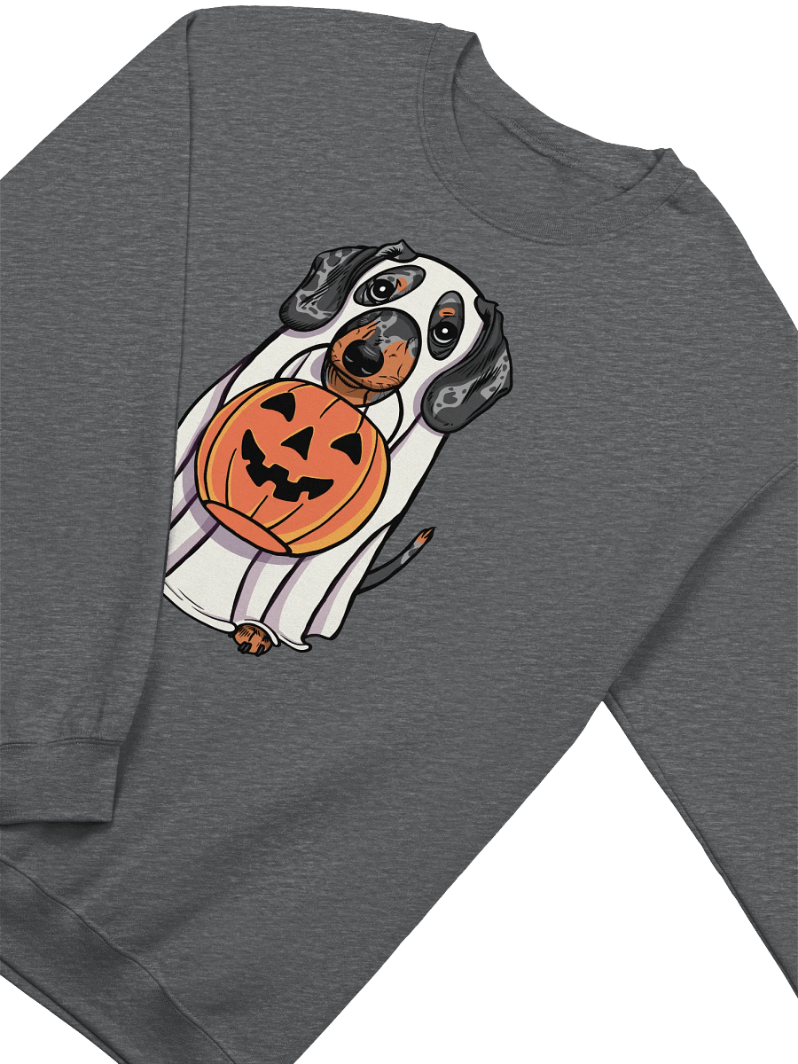 Funny Halloween Dachshund(Dapple) Sweatshirt | Funny Doxie/Wiener Wearing a Ghost Costume and Holding a Pumpkin Basket product image (8)