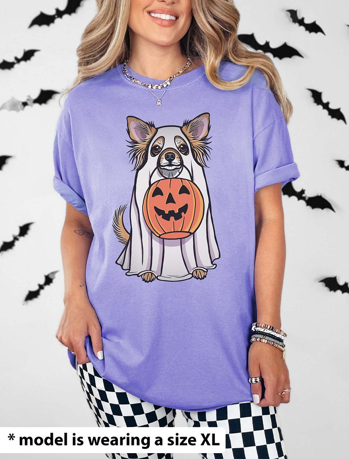 Funny Halloween Longhaired Chihuahua T-Shirt | Funny Chihuahua Wearing a Ghost Costume and Holding a Pumpkin Basket product image (24)