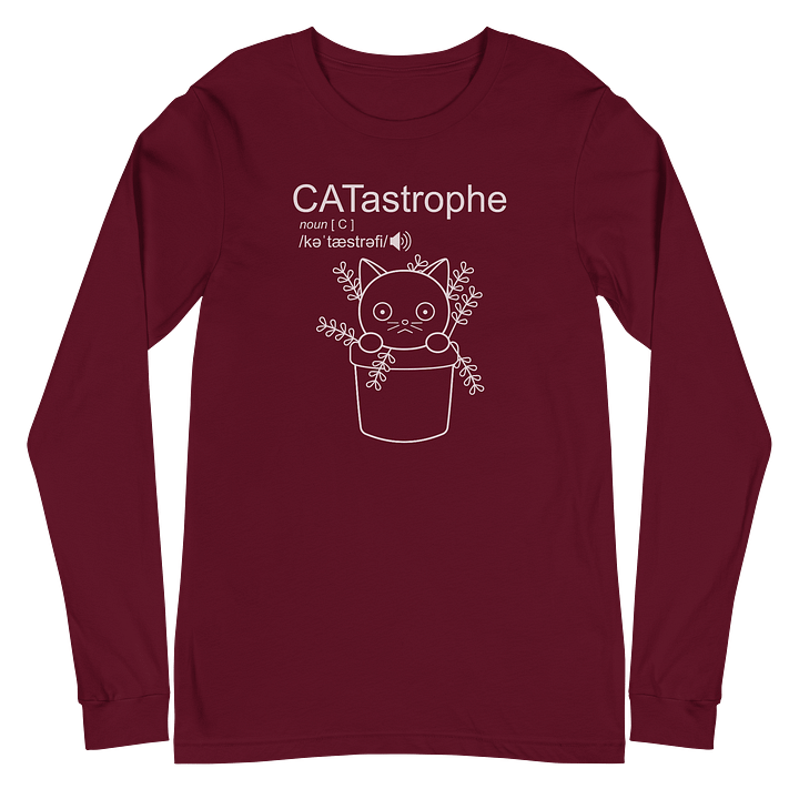 Catastrophe Unisex Long Sleeve Tee, Cat in Plant Pot, White Print product image (2)