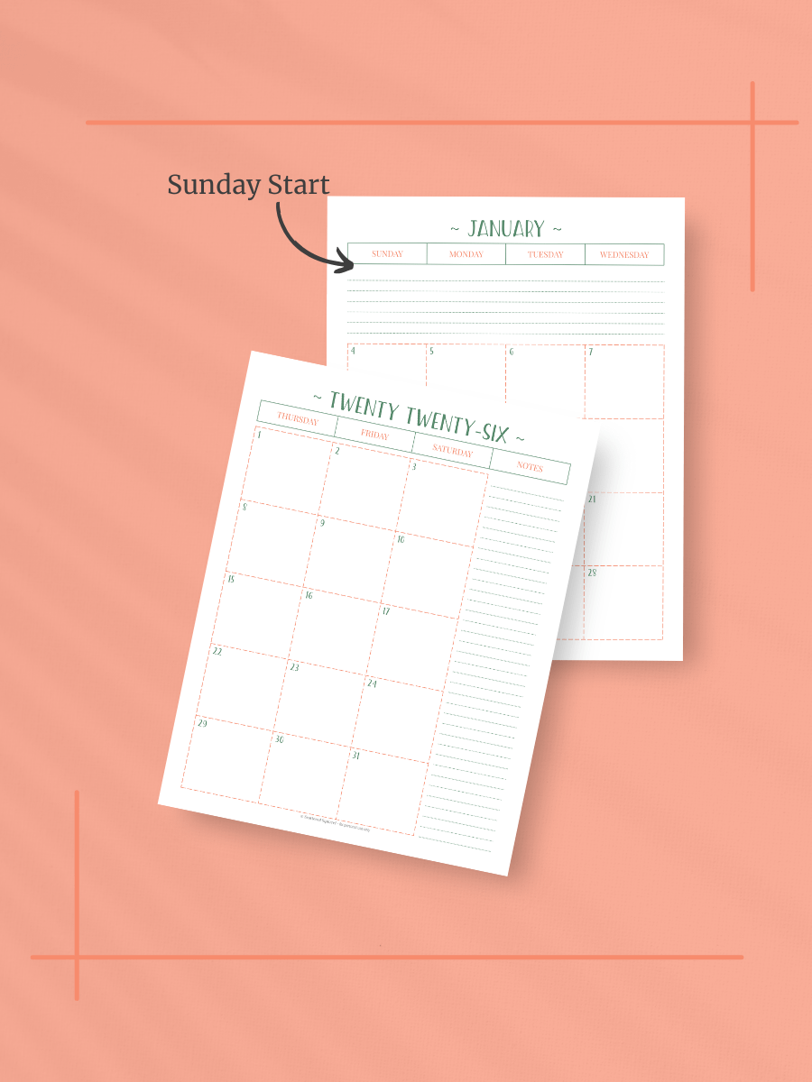 Peachy Green 2026 Calendar - 2 Pages per Month, Sunday Start, Letter Size product image (2)
